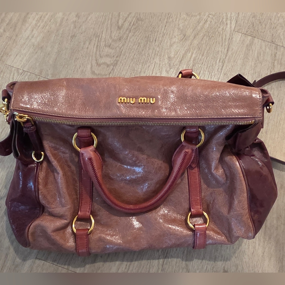 Authentic Miu Miu Vitello Lux Bow Pink and Burgundy 2way Leather Bag